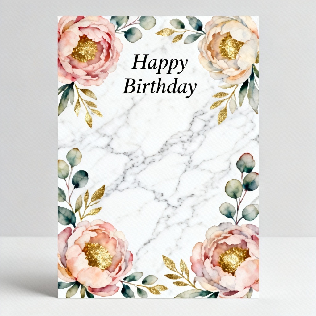 Elegant floral birthday card with simulated gold foil and white marble