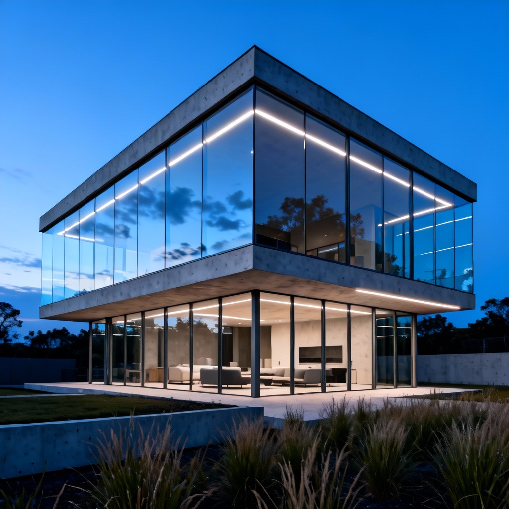 AI ultra modern glass box house with concrete and steel