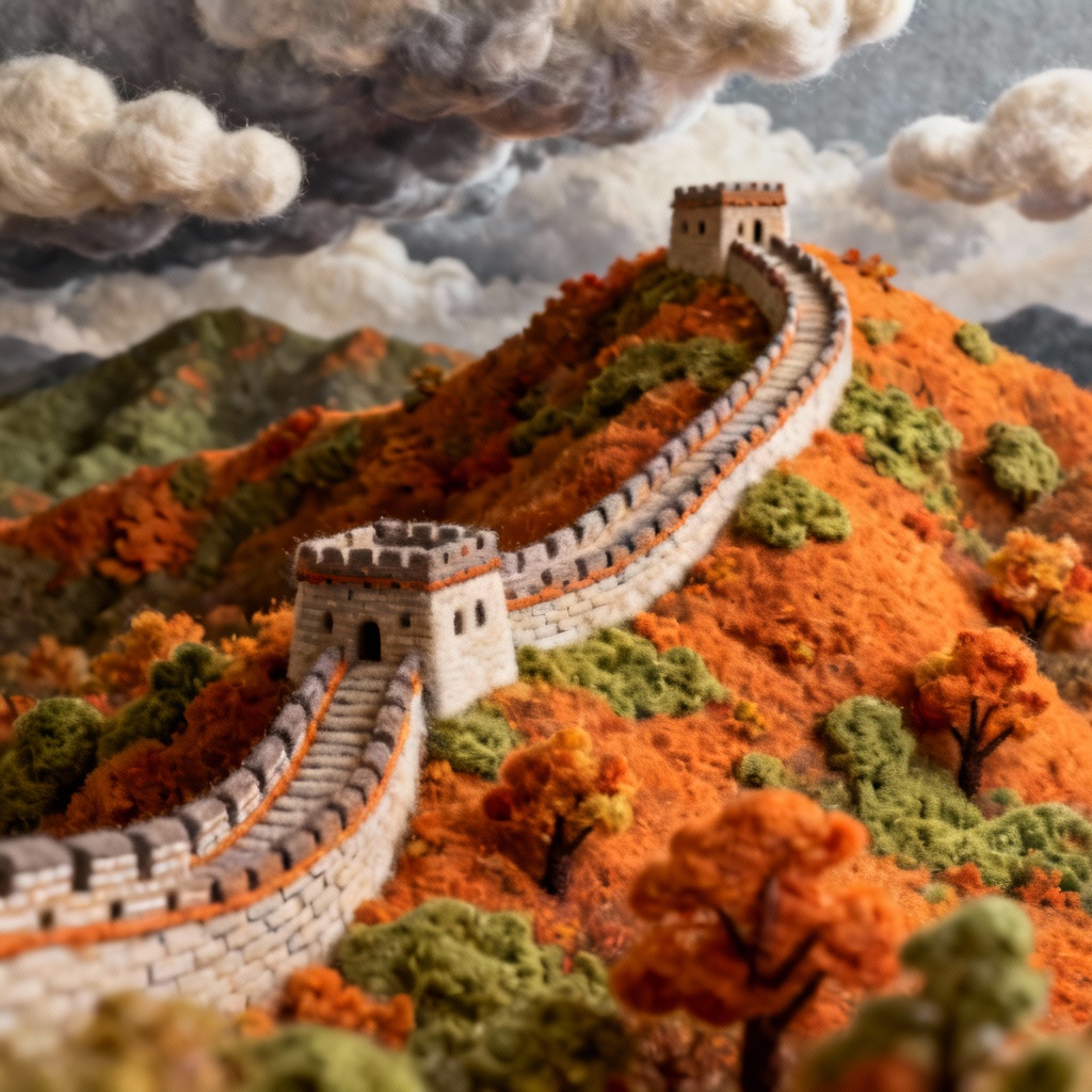 AI felted Great Wall in autumn with wool texture