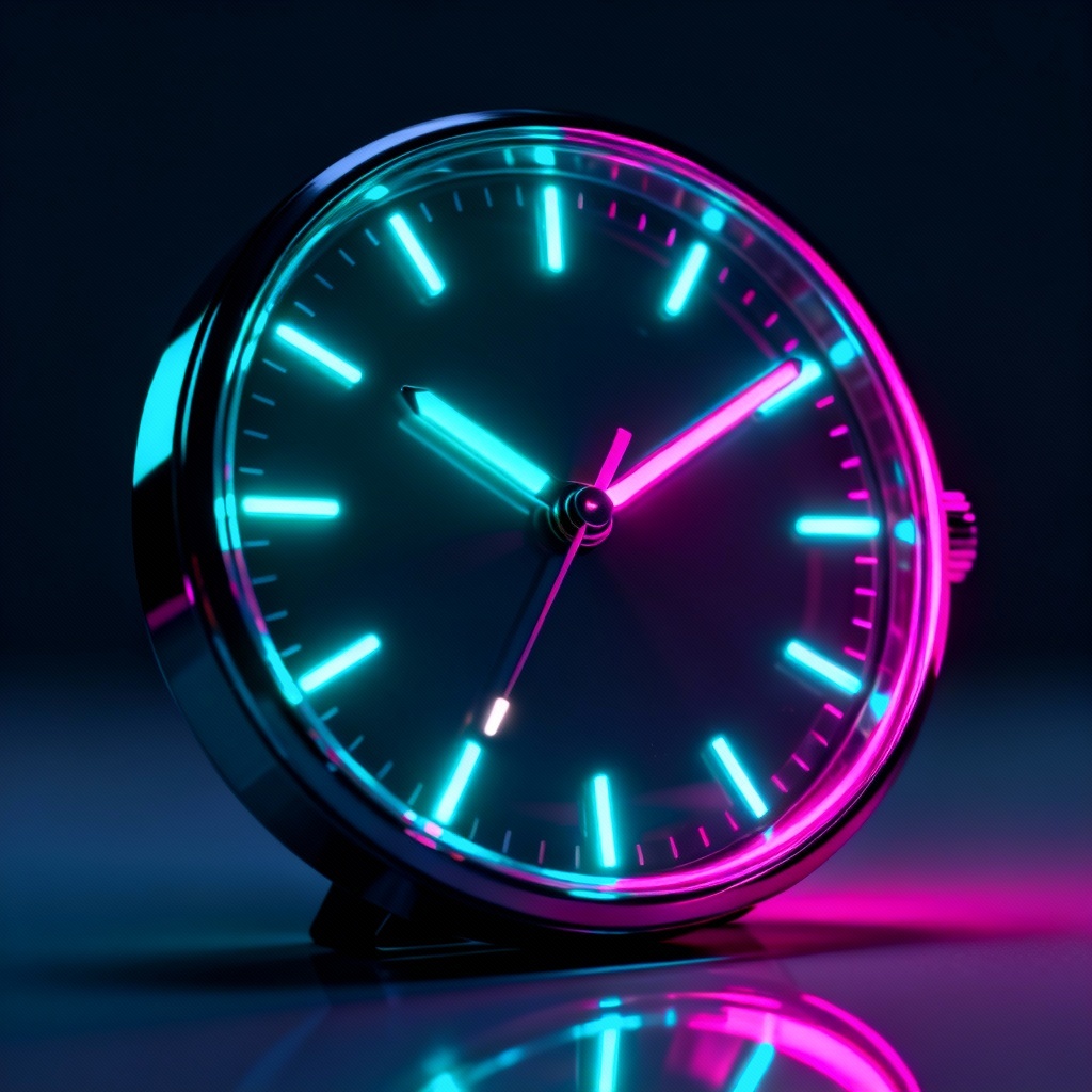 AI futuristic neon clock face with glowing accents