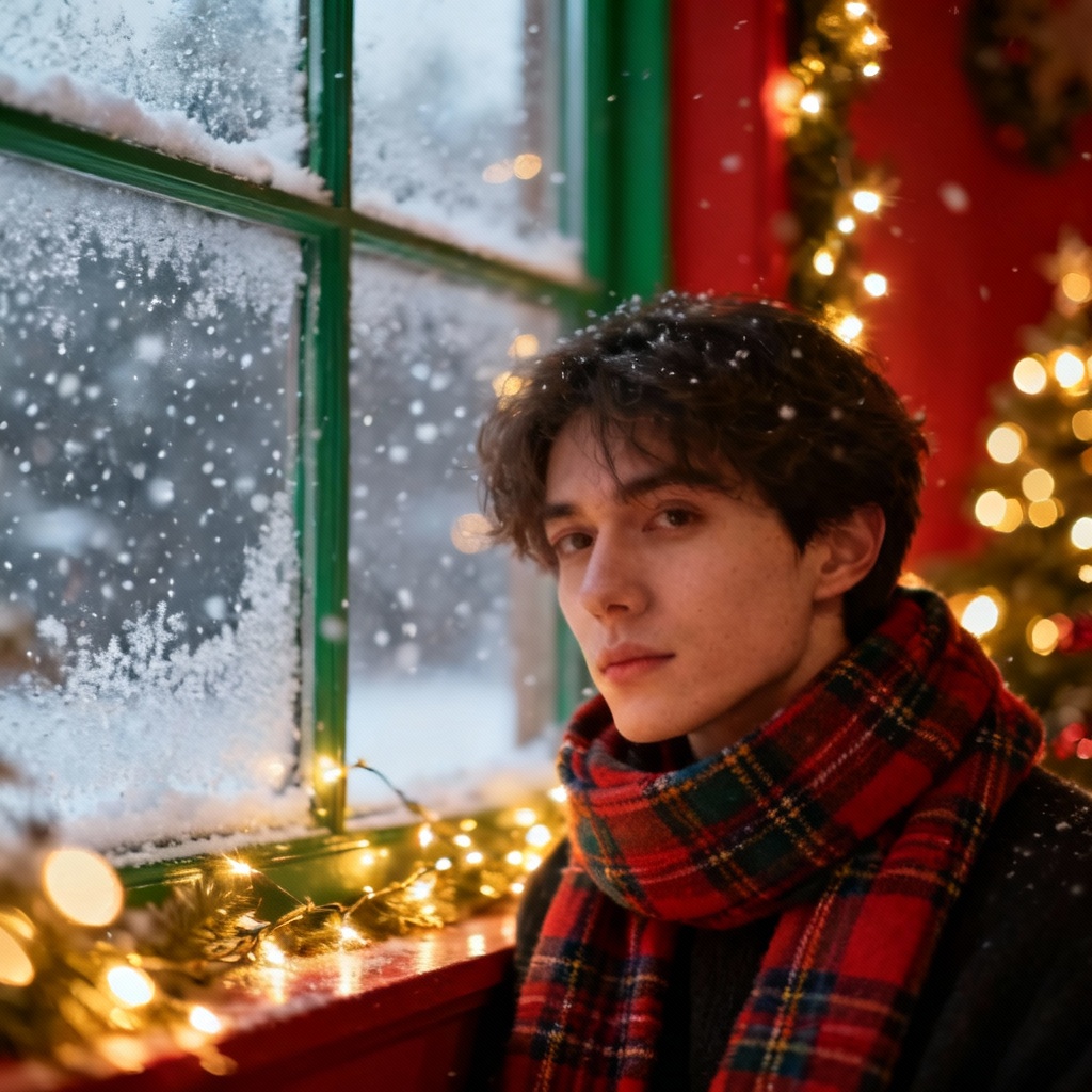 AI Christmascore portrait with fairy lights and snowy window