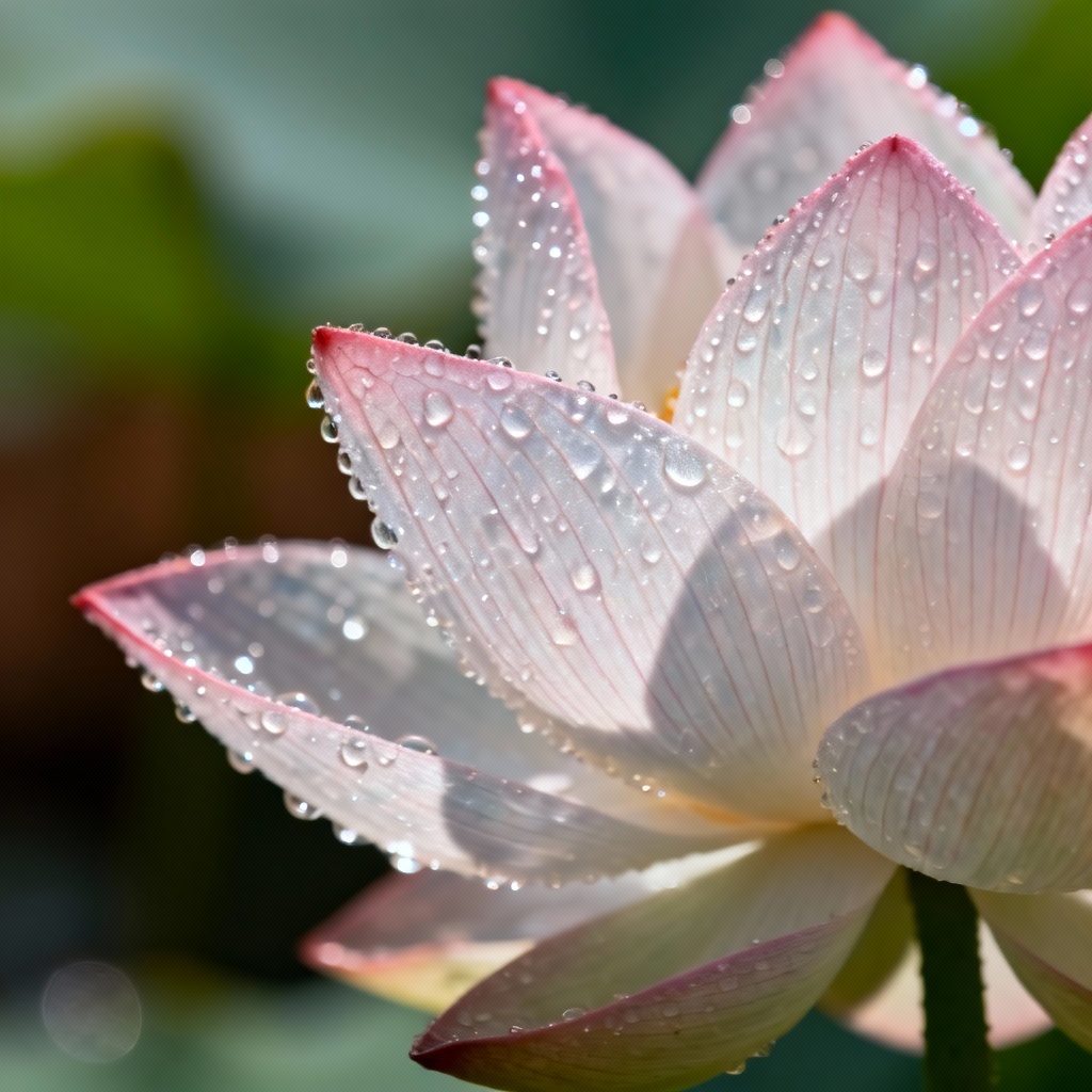 Macro photo-style lotus petals with dew drops