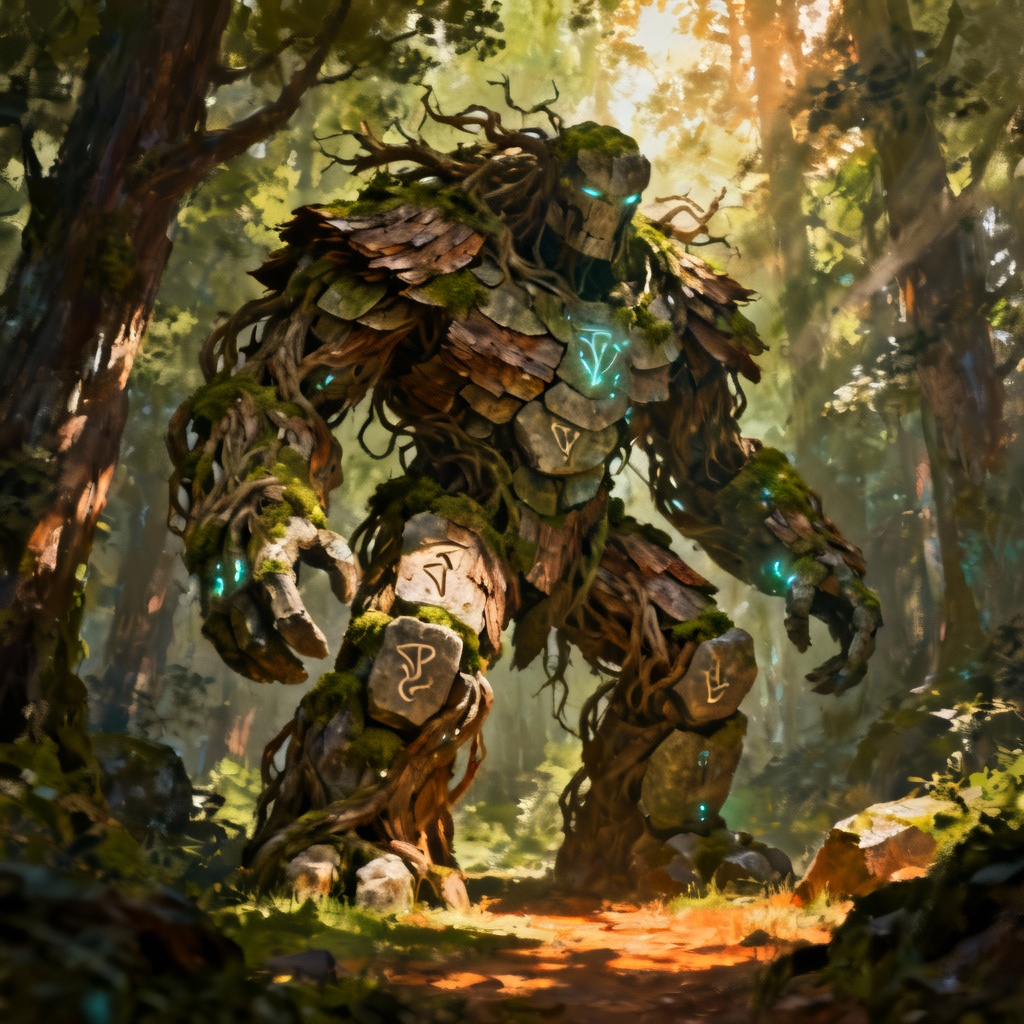 AI runewood golem made of roots and stone