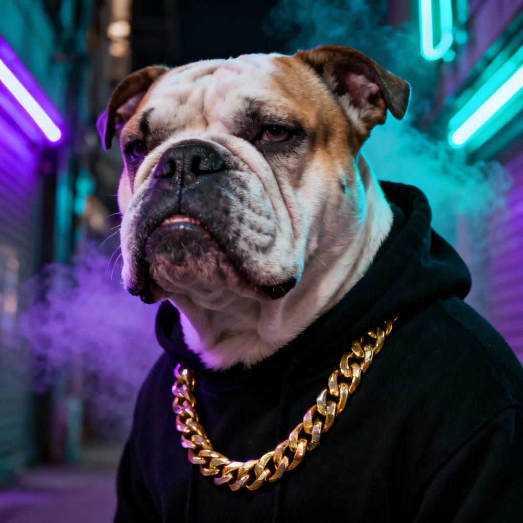 AI gangster bulldog with gold chain in alley