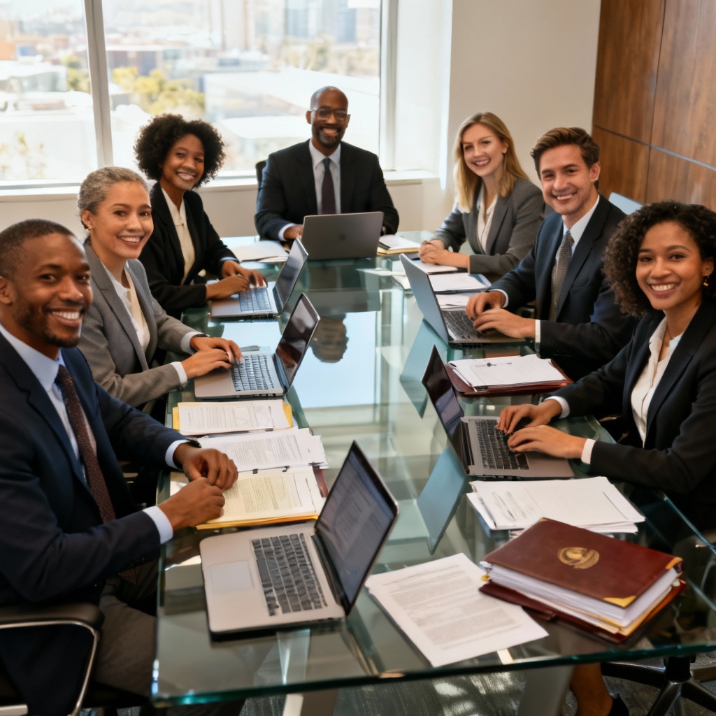 AI diverse law team in a boardroom meeting