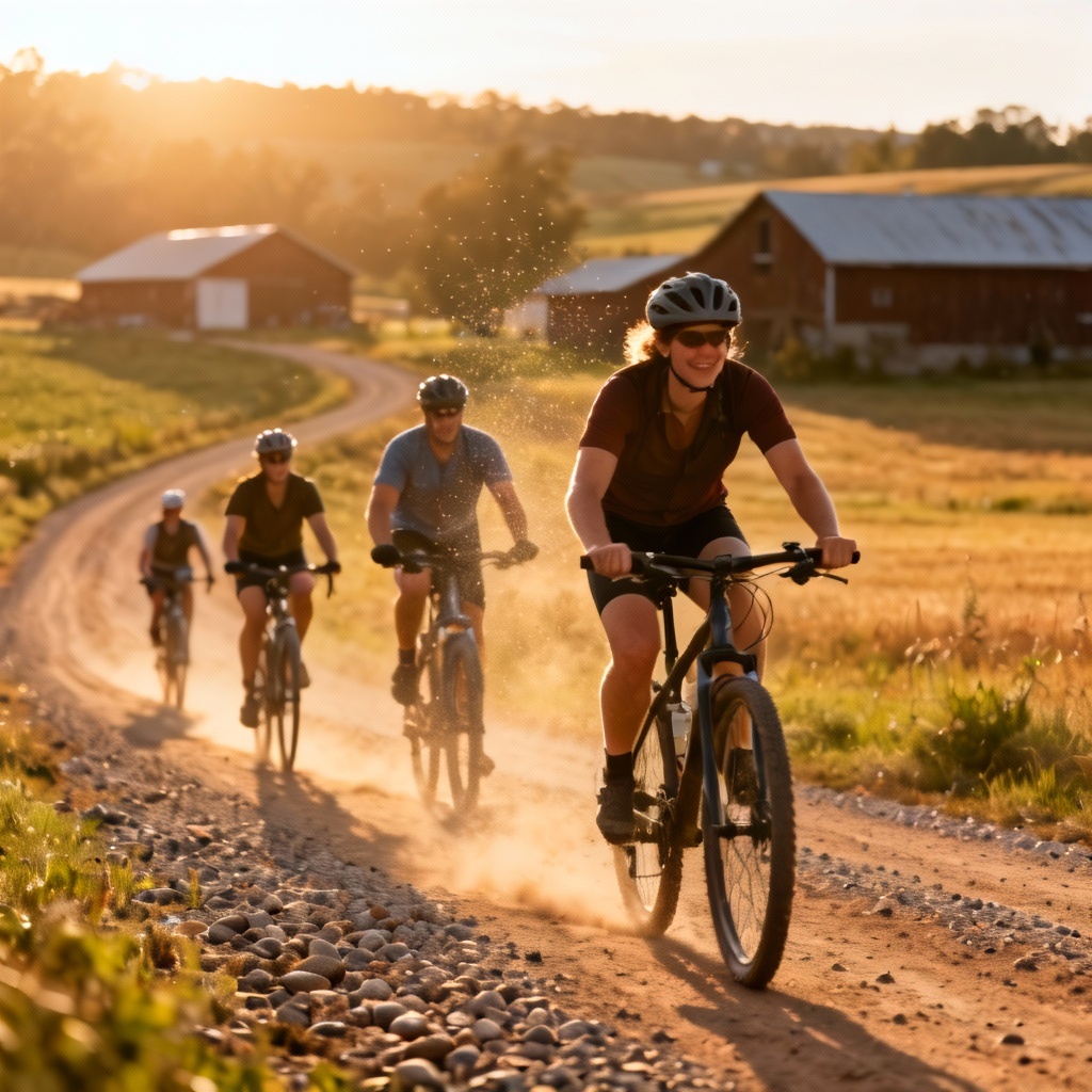 AI gravel group ride at golden hour with dust particles