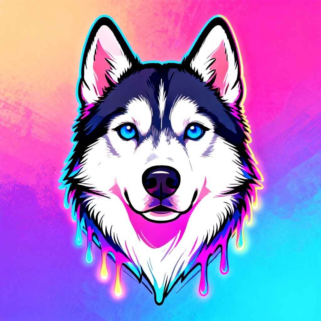 Husky portrait with neon gradient drip and glow