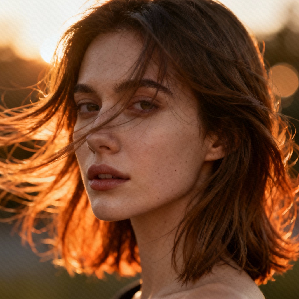 AI portrait with realistic wind-swept dynamic hair