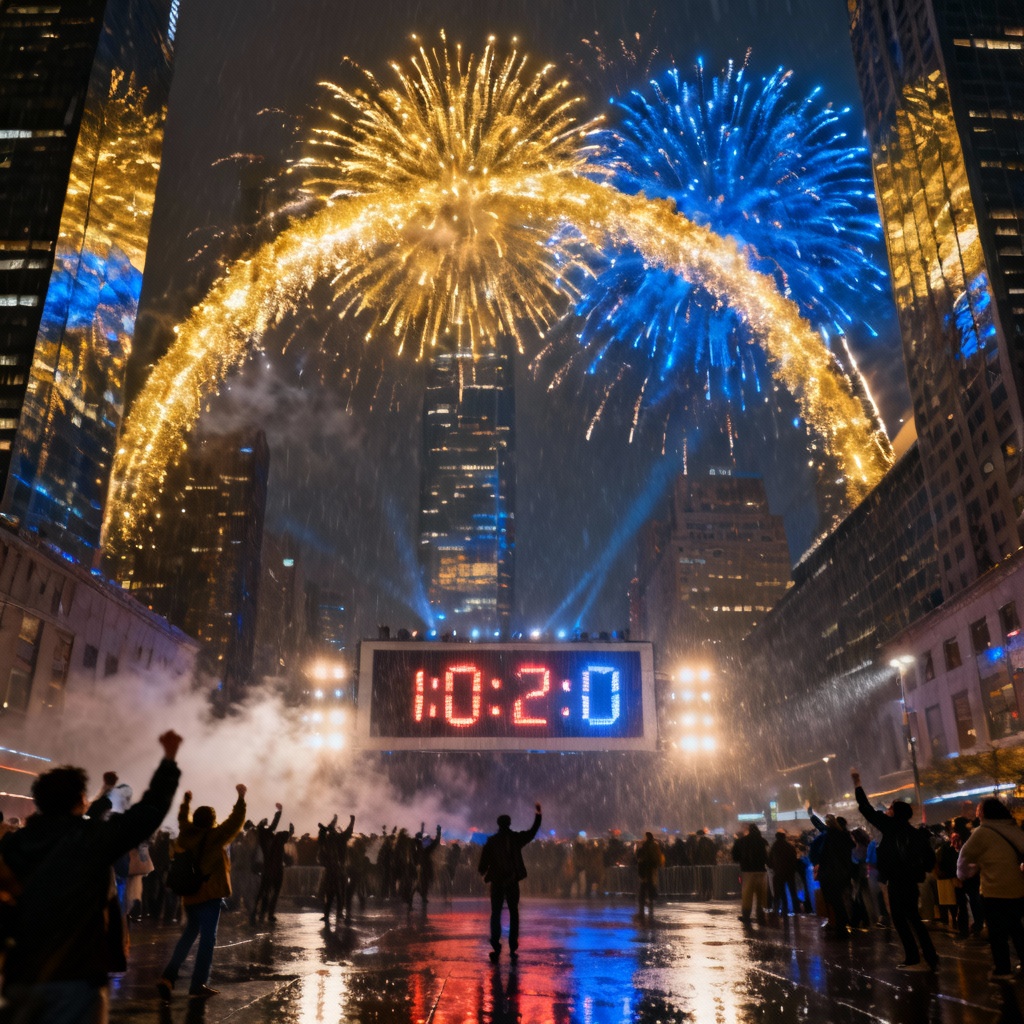 AI downtown plaza celebration with countdown and fireworks