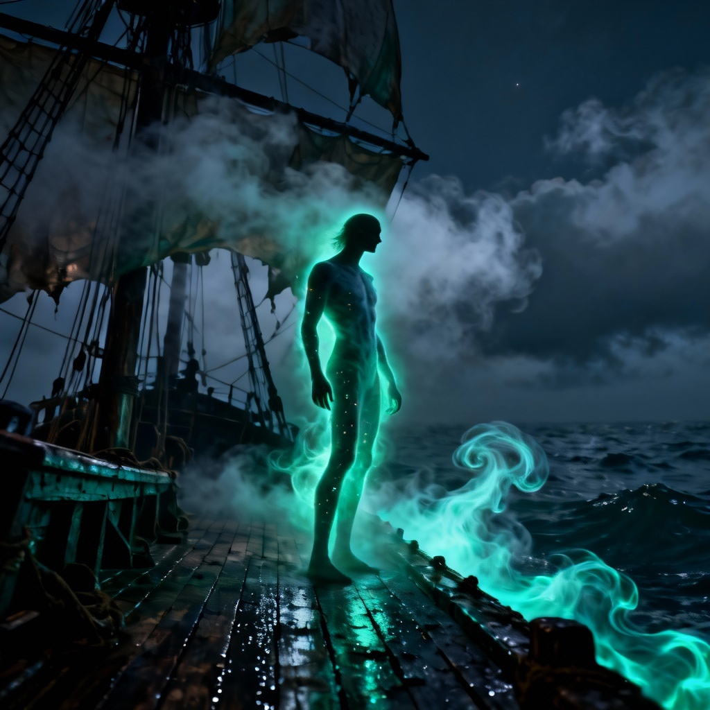 AI Flying Dutchman ghost filter portrait with sea fog and ectoplasmic glow