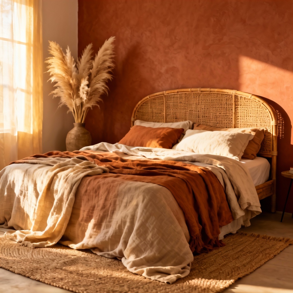 AI boho bedroom with rattan and terracotta accents