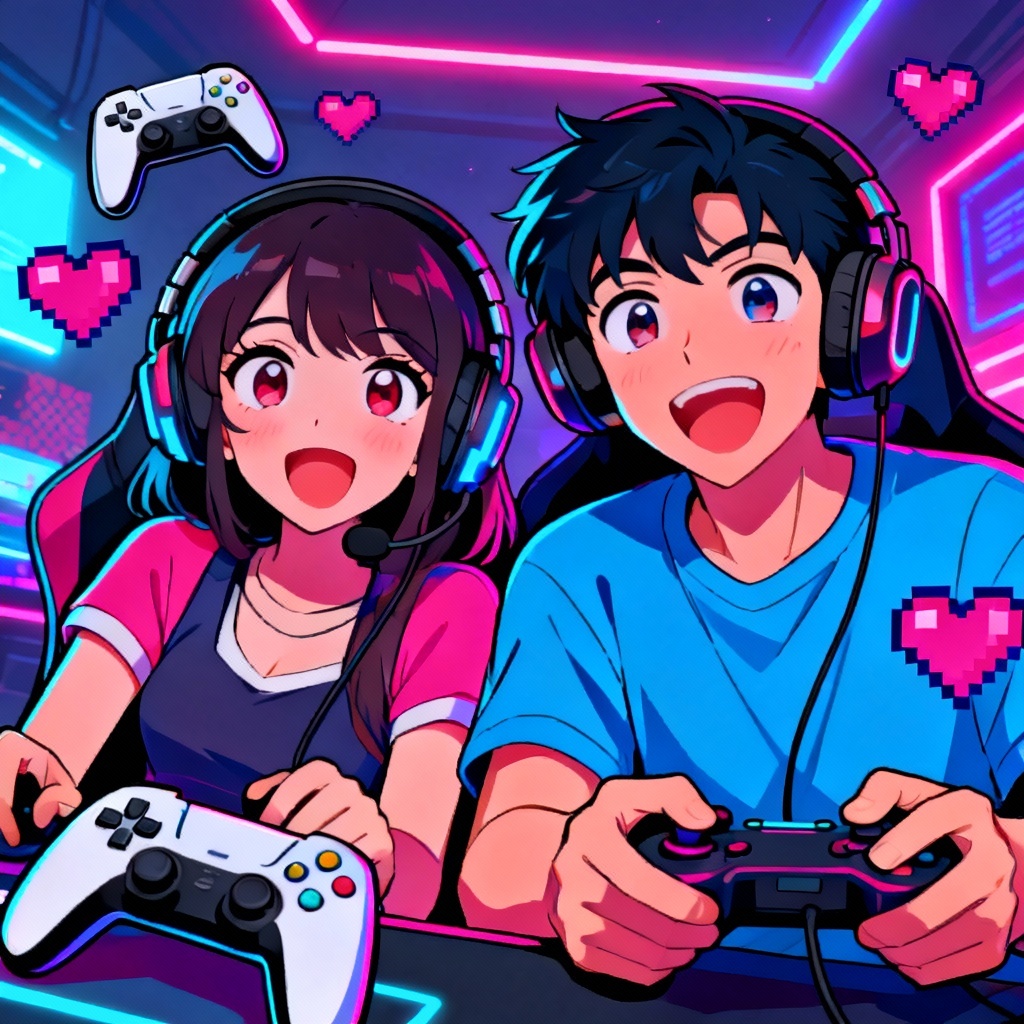 Gamer couple cartoon with stream overlay style