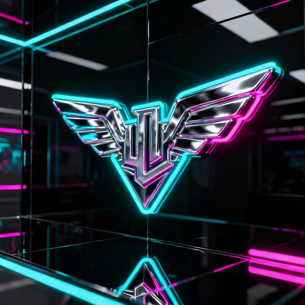 AI chrome wing metal logo with neon backlight