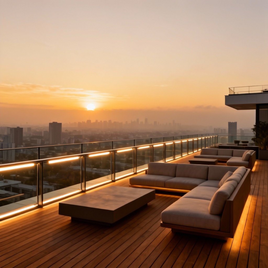 AI-generated contemporary rooftop lounge at sunset with skyline