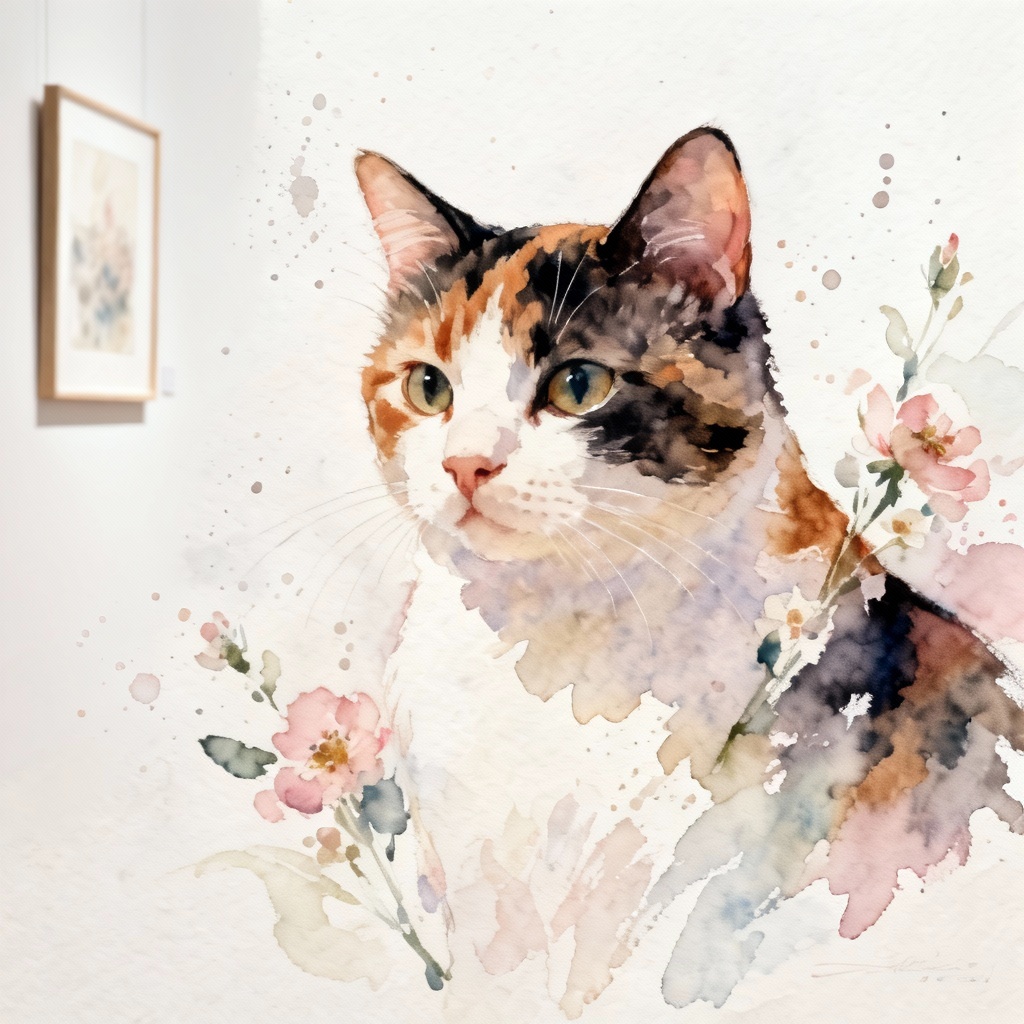 Watercolor calico cat illustration with florals