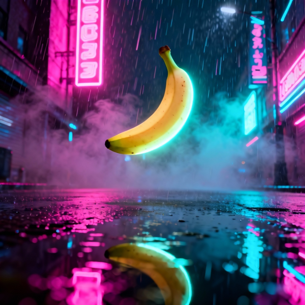 Vaporwave neon banana in a cyberpunk city
