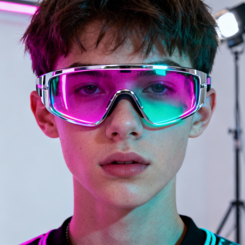 AI Y2K sunglasses filter example with neon wraparound shades