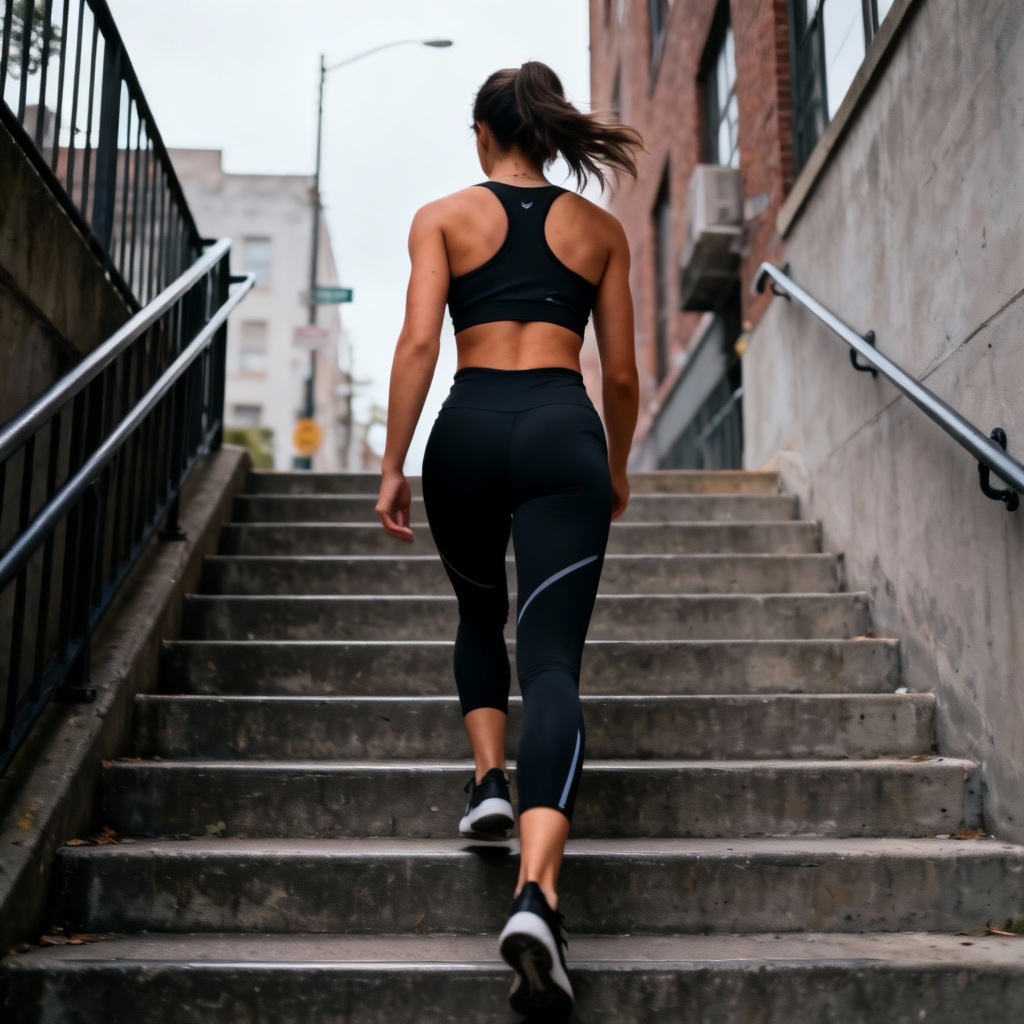 AI fitness model in athleisure climbing city stairs on an overcast day