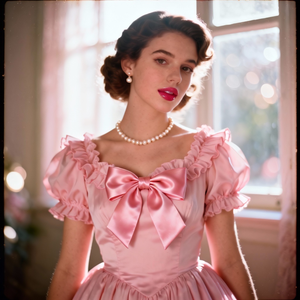 Coquette dollette portrait with satin bow and pastel ruffles