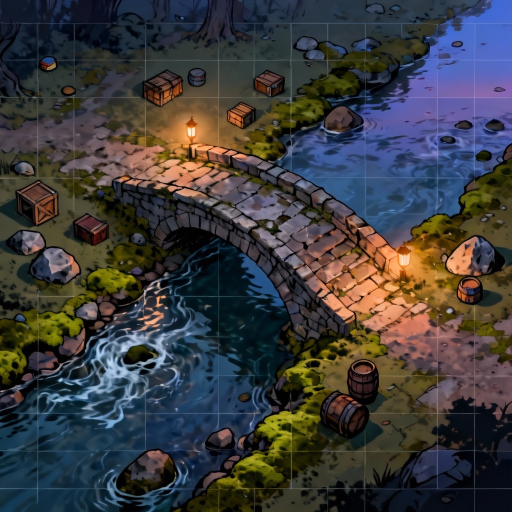 AI fantasy stone bridge battlemap at dusk with square grid