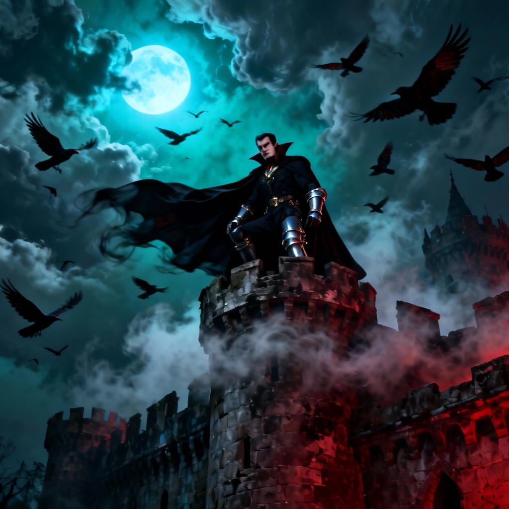 AI gothic vampire sentinel guarding castle gate