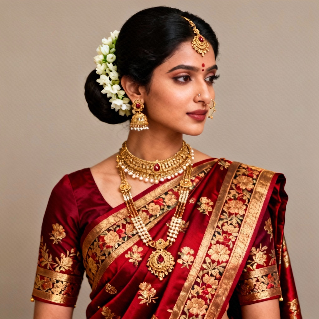 Indian bride wearing red Banarasi silk wedding saree with gold zari and temple jewelry