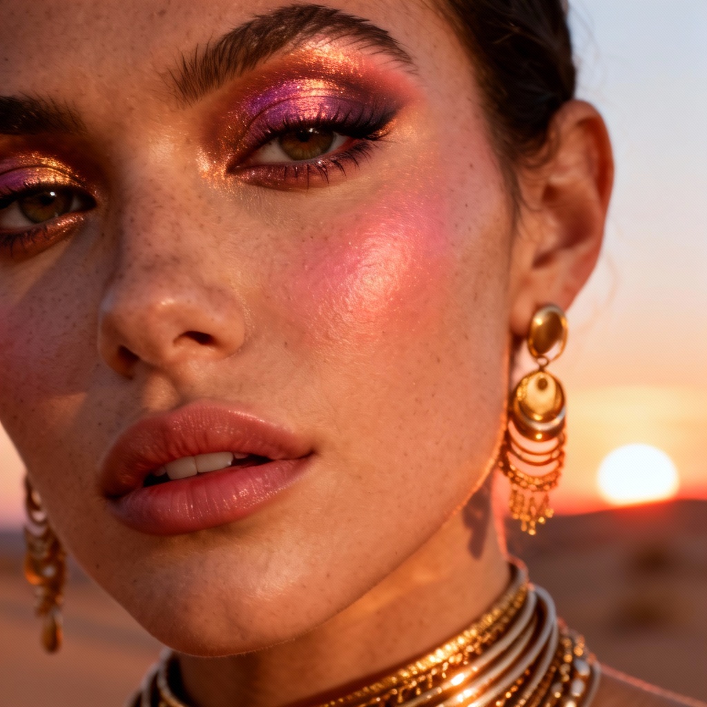 AI desert sunset metallic smoked festival makeup