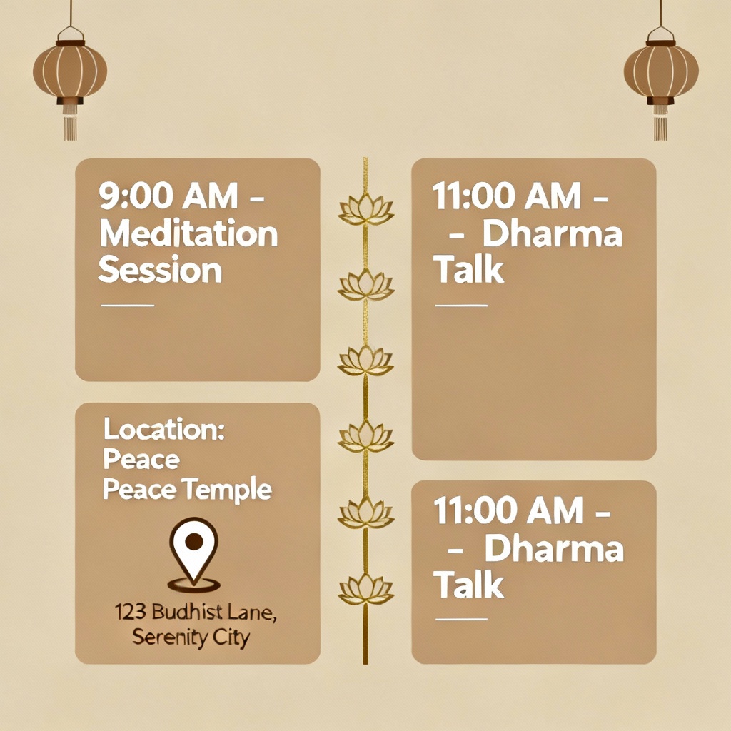 AI Vesak Day flyer with event schedule and soft lantern graphics