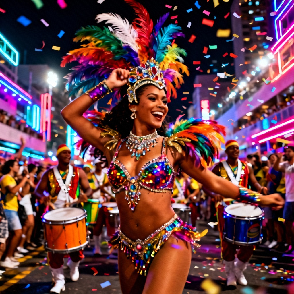 AI samba dancer with feathered headdress at Rio Carnival parade