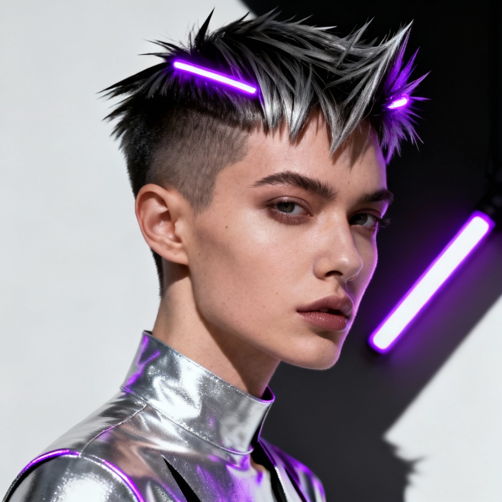 Silver wolf cut with violet neon edge glow