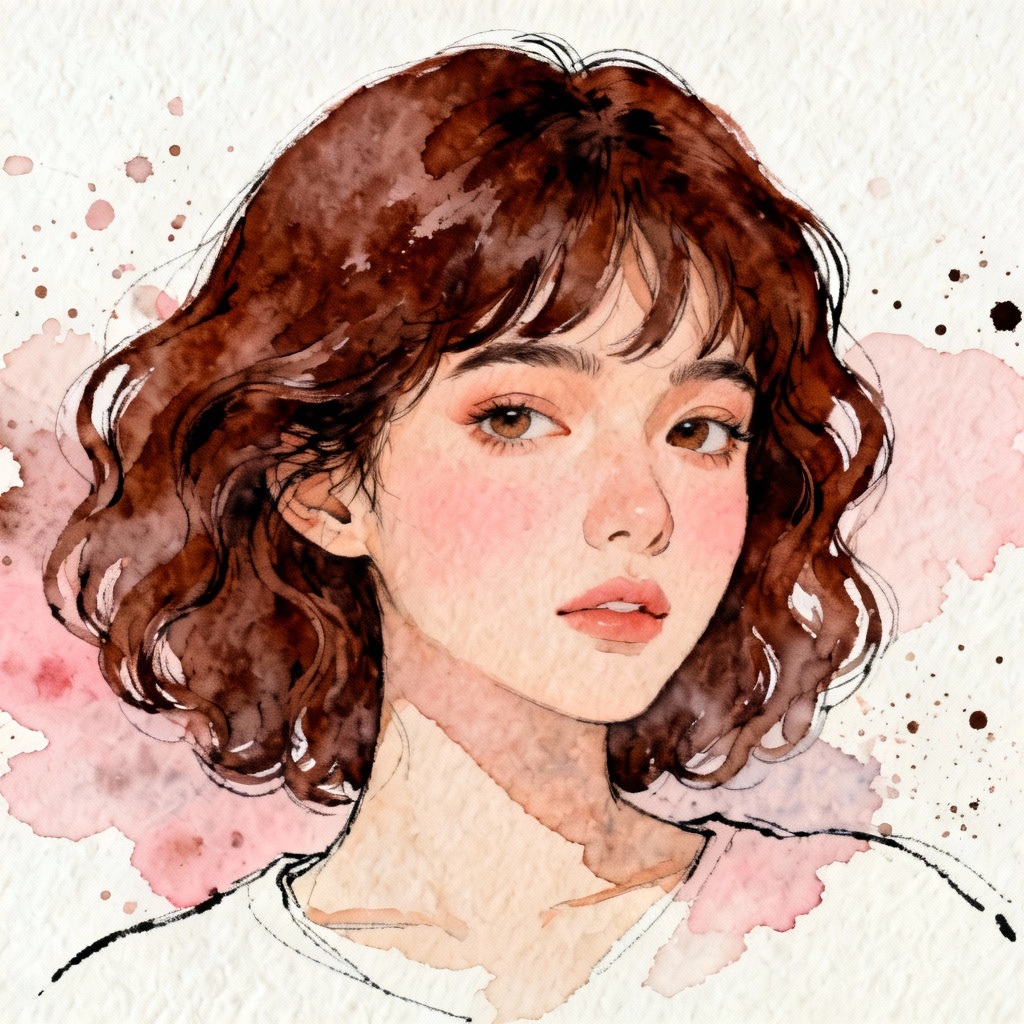 AI brunette watercolor portrait with wavy hair