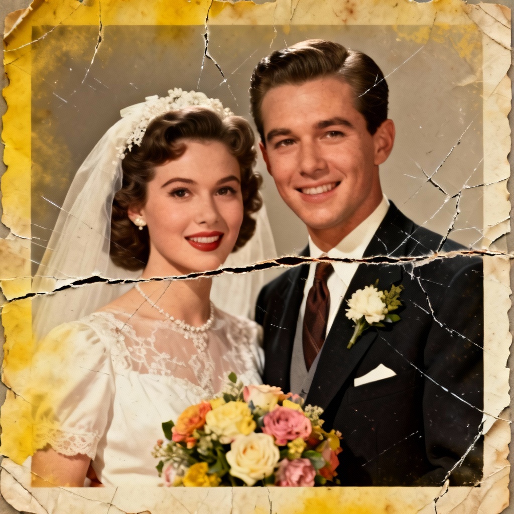AI restored vintage wedding photo with repaired creases and color