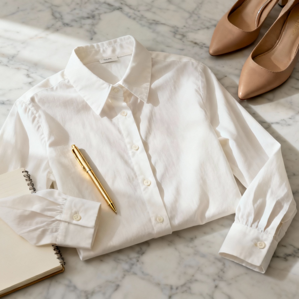 Office-ready cream button-down blouse flat lay with accessories