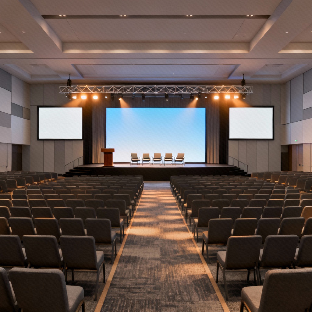 AI corporate conference ballroom with stage and LED wall