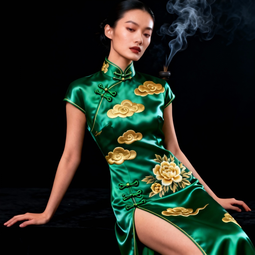 AI Chinese fashion qipao editorial with jade silk and gold embroidery