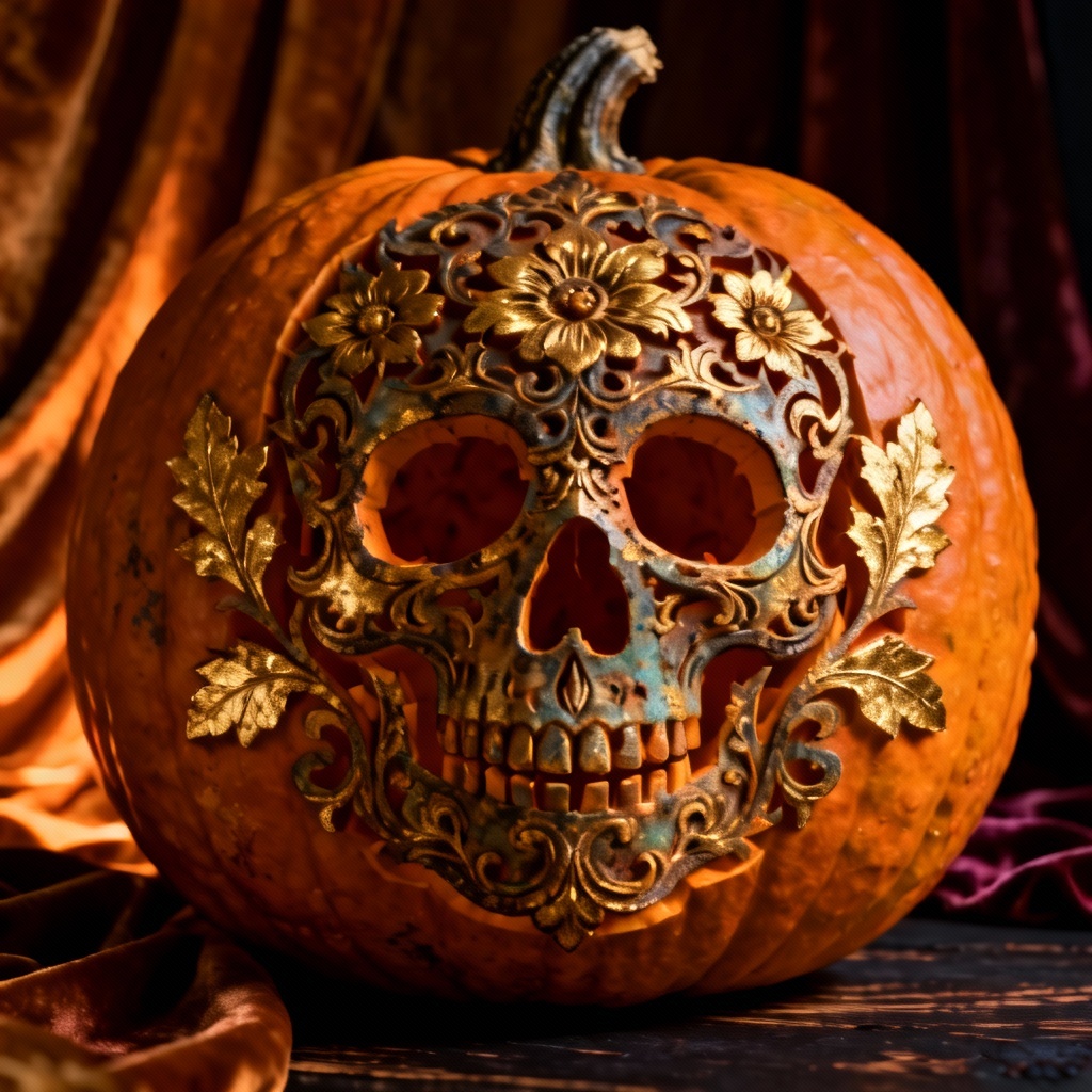 AI carved pumpkin with ornate skull pattern