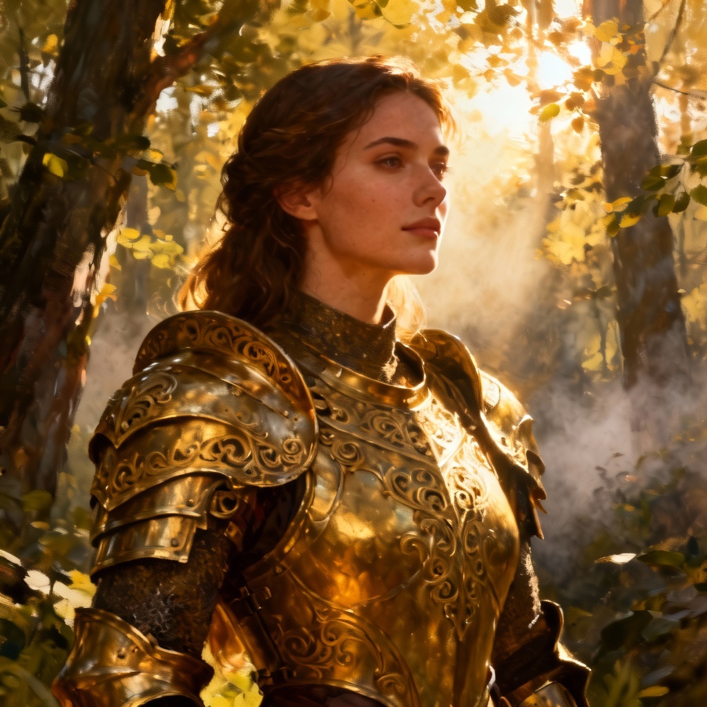 AI fantasy warrior queen with sunlit armor and serene strength