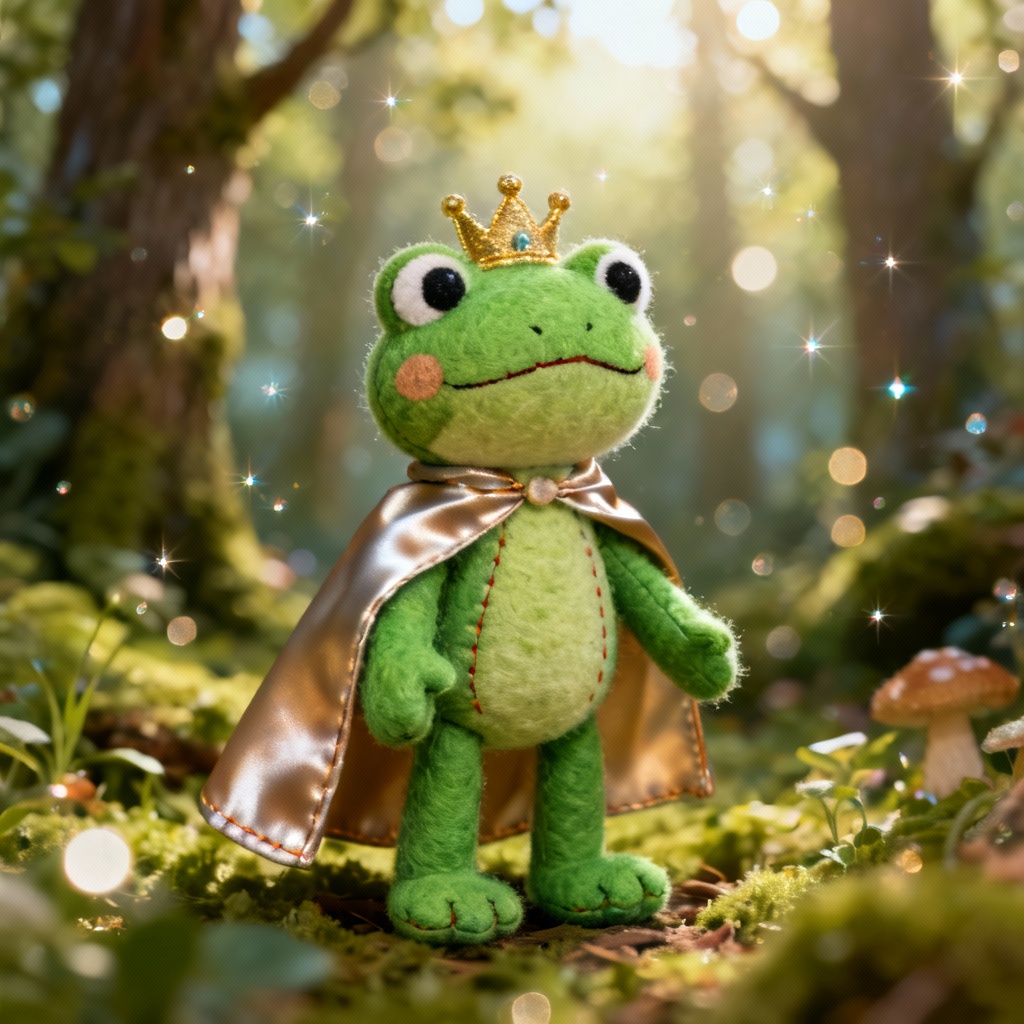 AI muppet-style frog puppet fairy in a forest