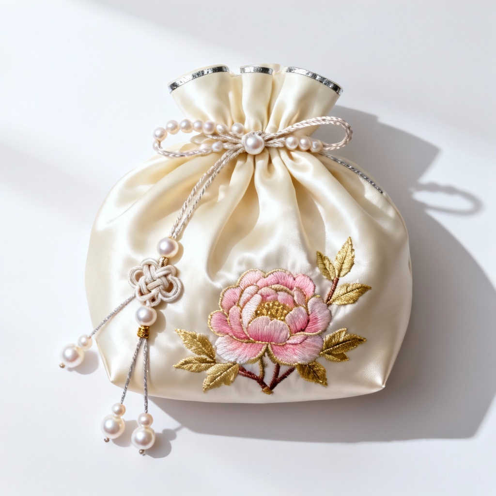 AI flat-lay bokjumeoni with norigae and peony embroidery