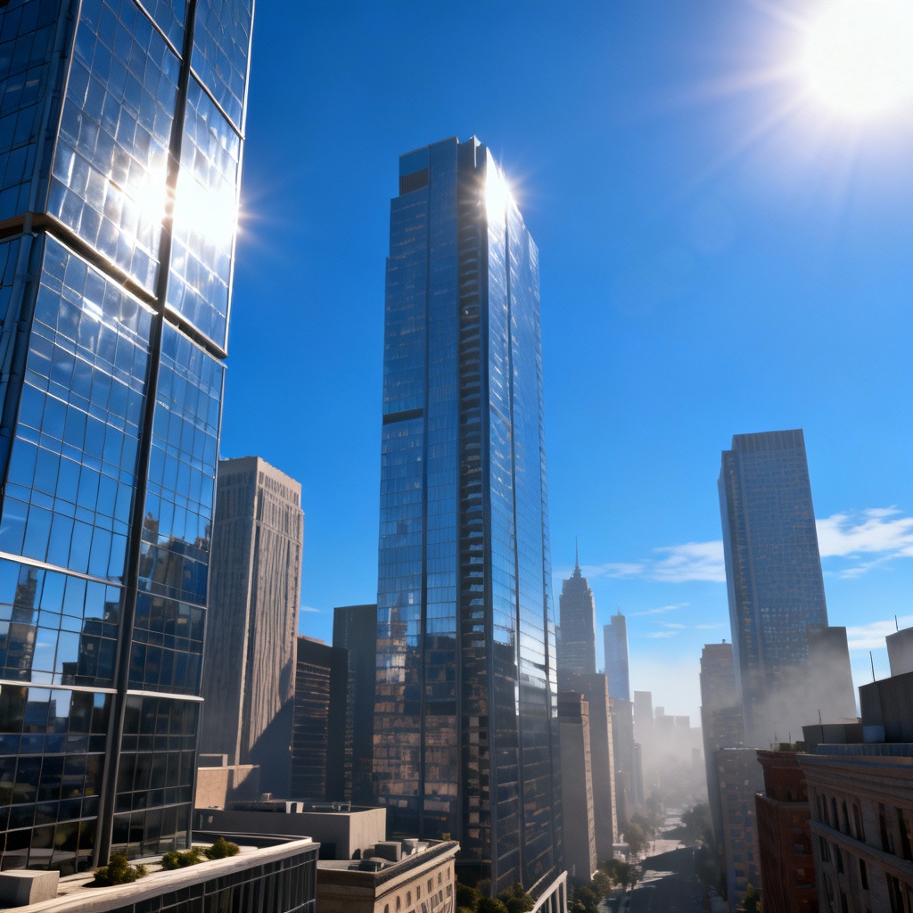 AI sunny city skyline with sunlight reflections