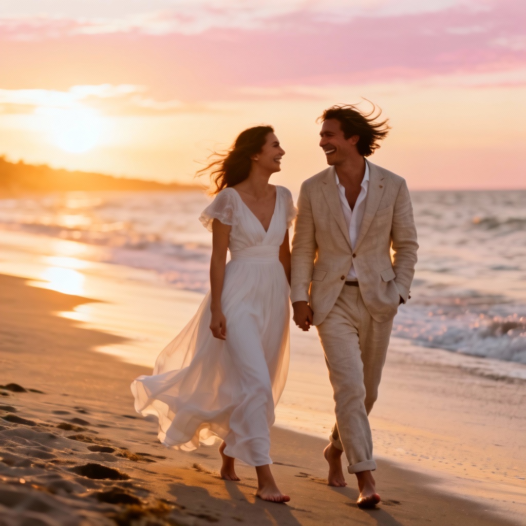 AI elegant couple engagement photo at beach