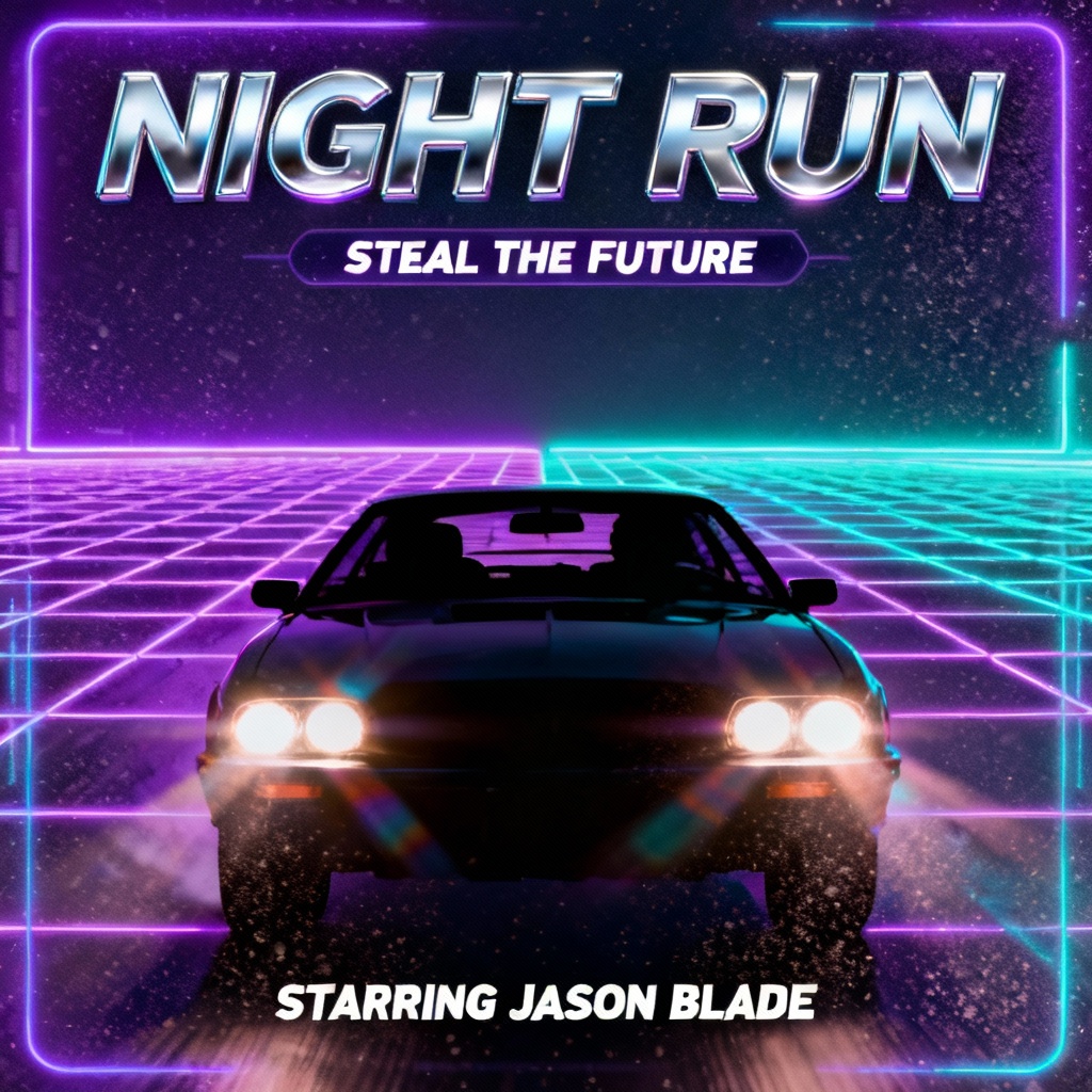 Retro 80s neon AI movie poster with synthwave palette