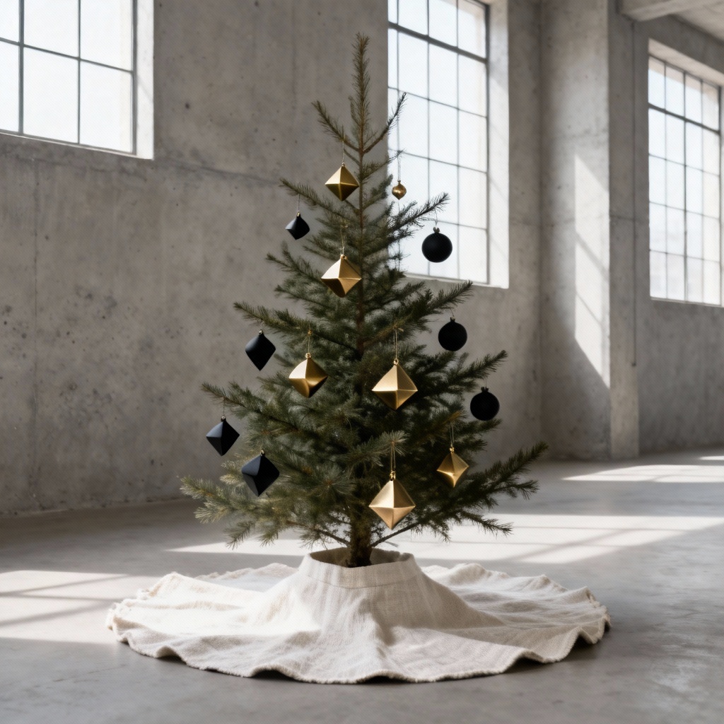 AI Modern Minimal Christmas Tree with black and brass ornaments