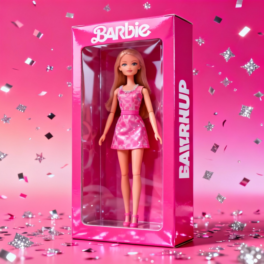 AI Barbie box selfie inside pink doll box with clear window and sparkles