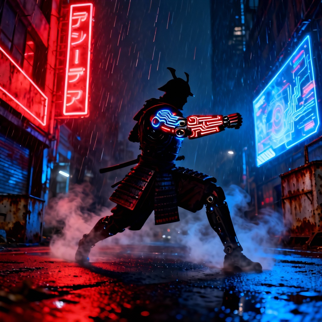 AI biomechanical samurai in neon street