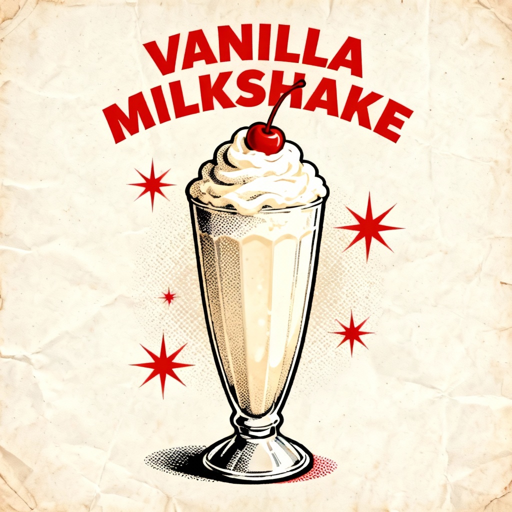 Vintage 1950s diner poster featuring a vanilla milkshake