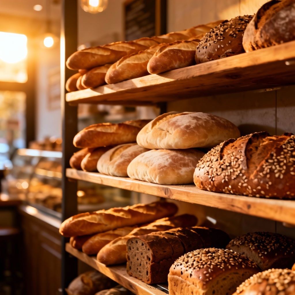 AI bakery shelf with baguettes and loaves