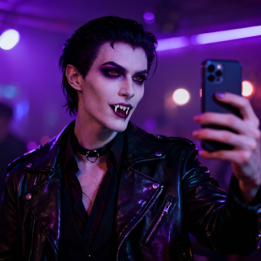 AI modern vampire selfie with nightlife aesthetic