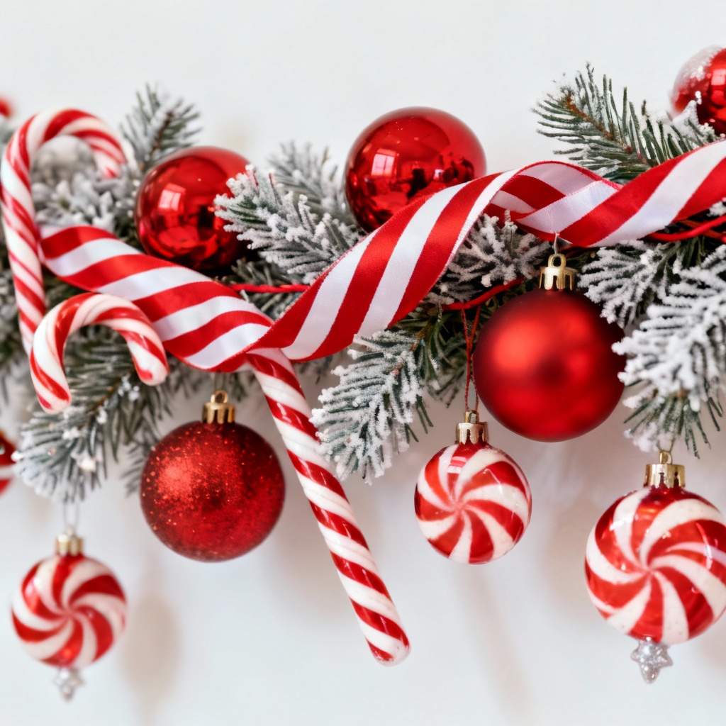 Candy cane themed Christmas garland with red and white accents