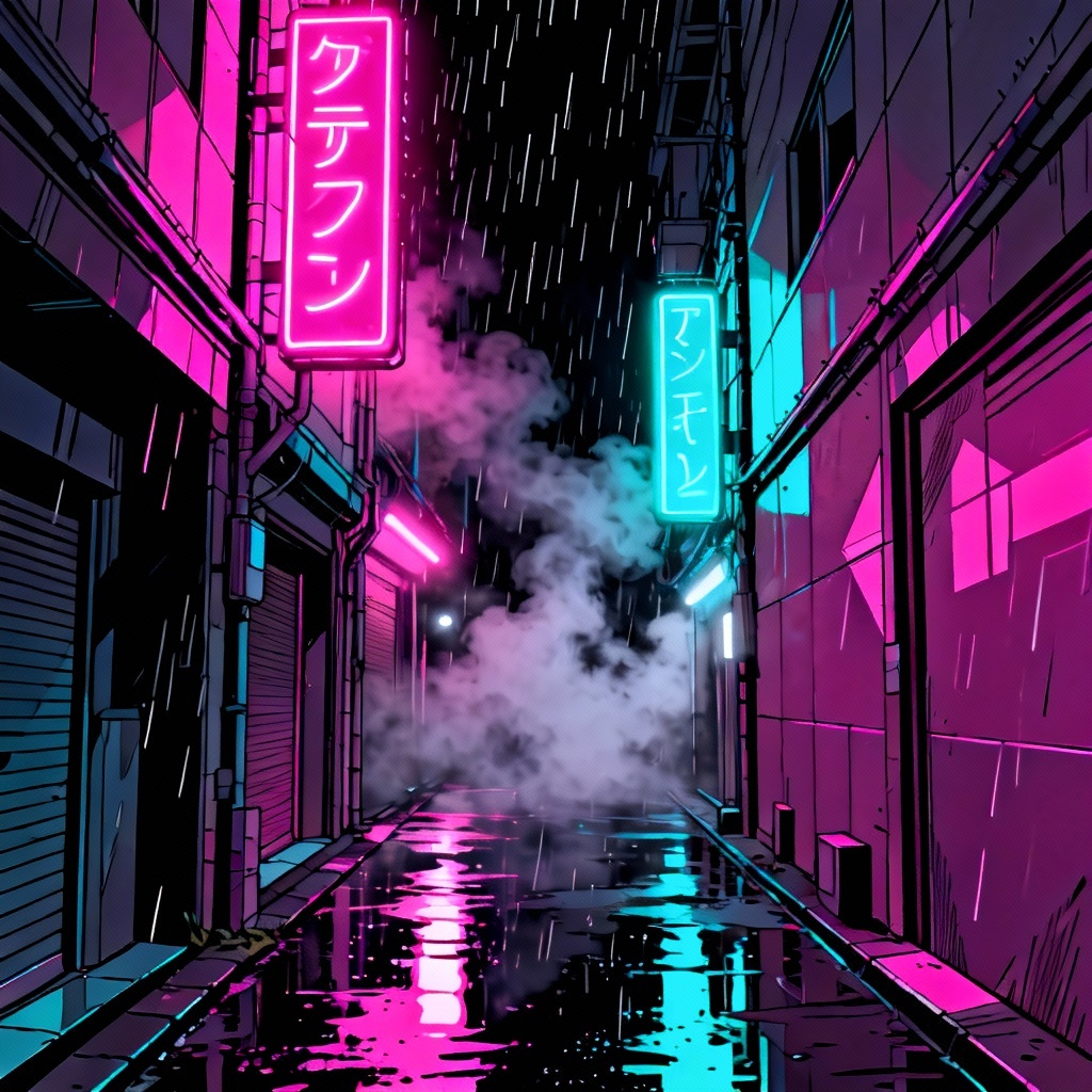 AI cyberpunk anime alley with rain and neon